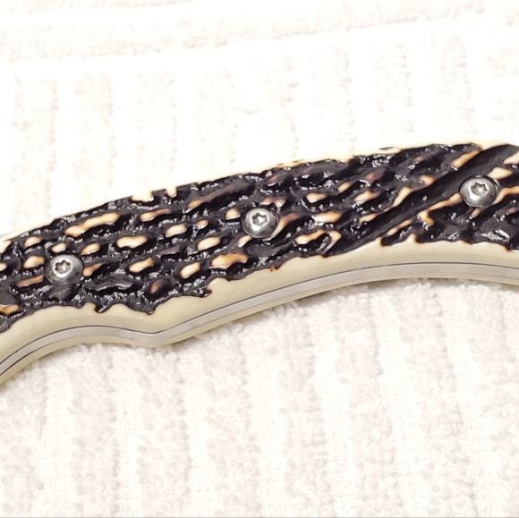 Ozark Trail One Stainless Steel Blade Knife Black White Bone Handle Metal Case - Picture 3 of 10